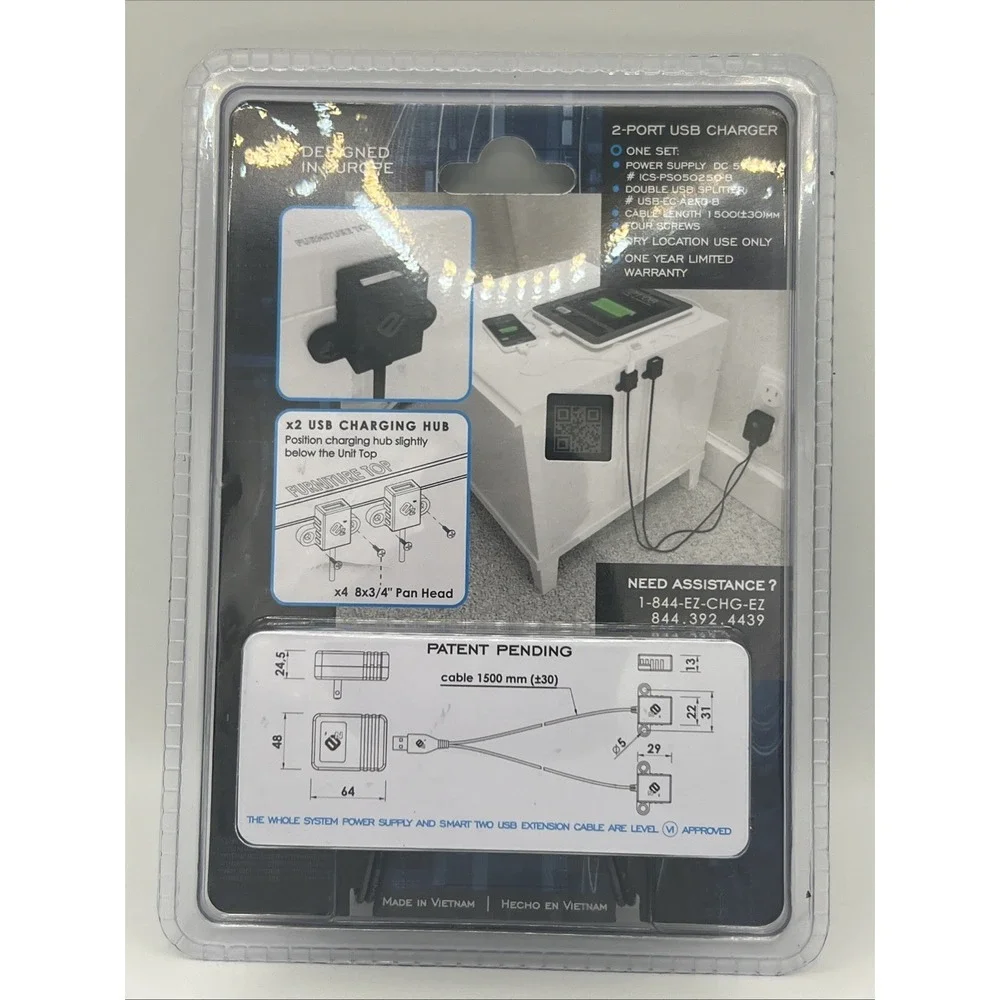 NEW EZ Collection 2 Port USB Charger Intelligent Charging System For Side Of Bed